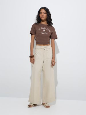 LOV Brown Typographic Cotton T-Shirt