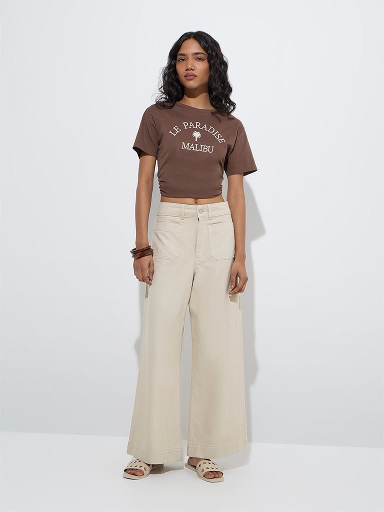 LOV Brown Typographic Cotton T-Shirt