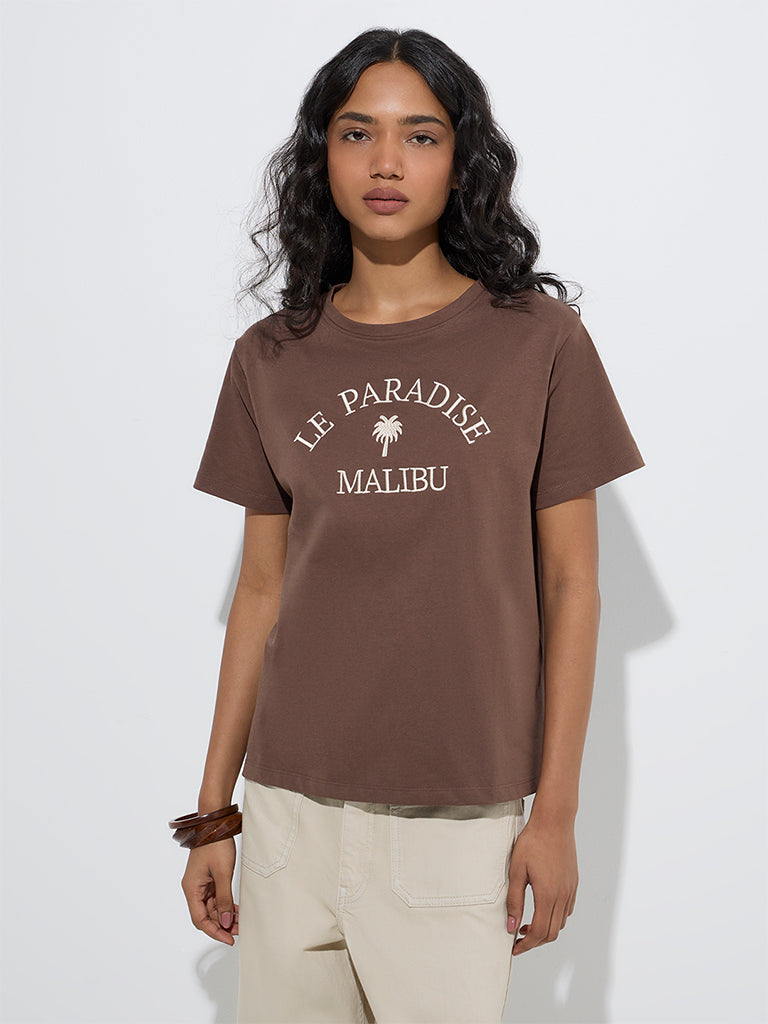 LOV Brown Typographic Cotton T-Shirt - Image 3