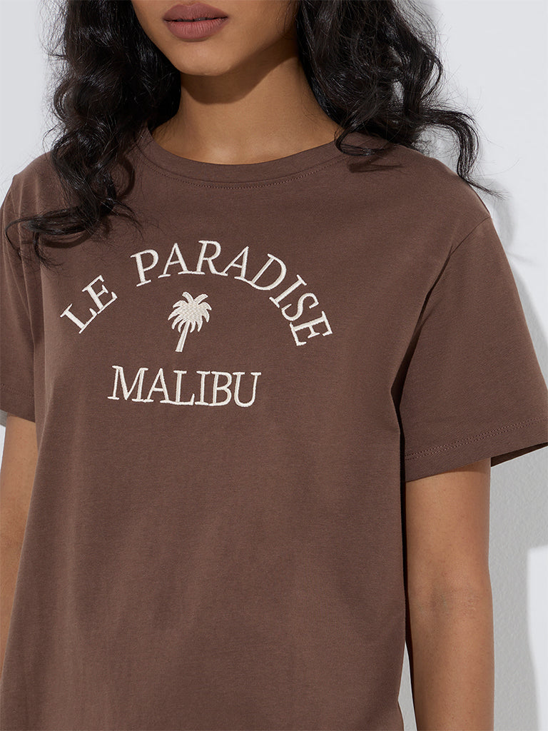 LOV Brown Typographic Cotton T-Shirt - Image 4