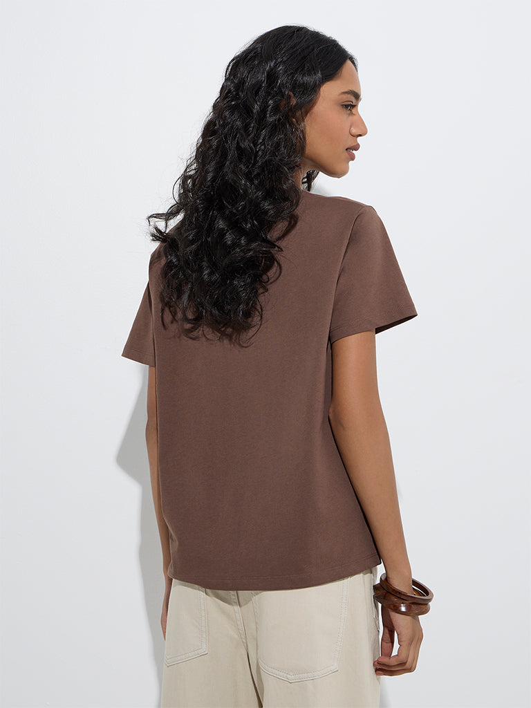 LOV Brown Typographic Cotton T-Shirt - Image 5
