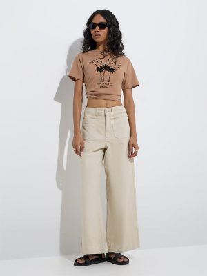 LOV Taupe Tropical-Inspired Cotton T-Shirt