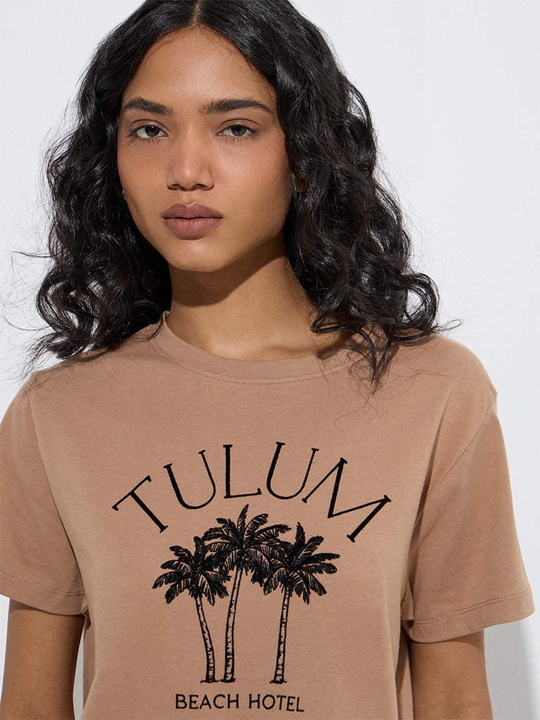 LOV Taupe Tropical-Inspired Cotton T-Shirt - Image 4