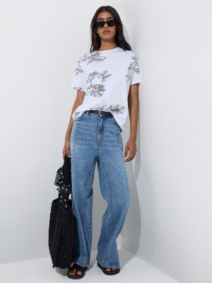 LOV White Floral Pattern Cotton T-Shirt