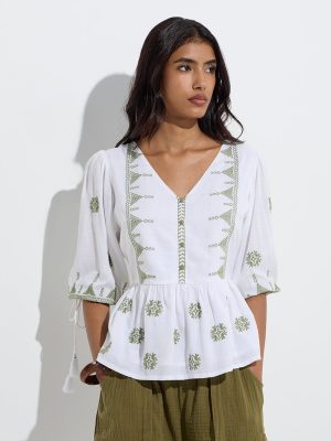 LOV White Embroidered Peplum Top