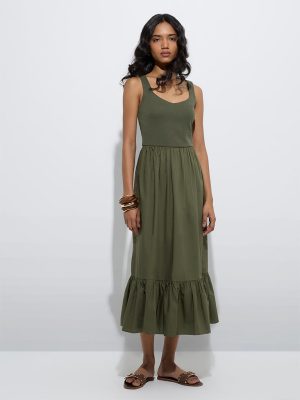 LOV Olive Cotton-Blend Tiered Dress