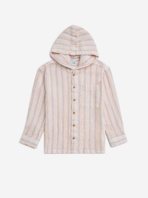 HOP Kids Orange Striped Hooded Cotton Shirt