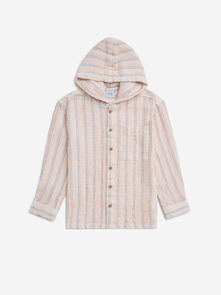 HOP Kids Orange Striped Hooded Cotton Shirt