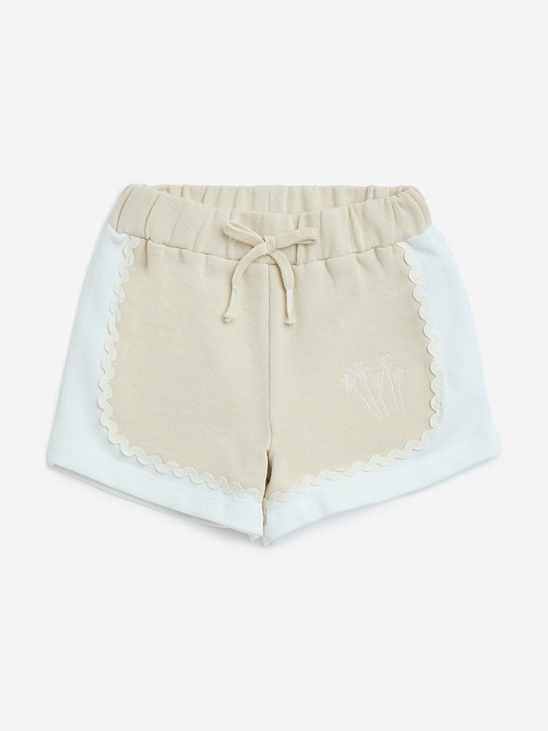 HOP Kids Beige Scallop Detailed Cotton Shorts