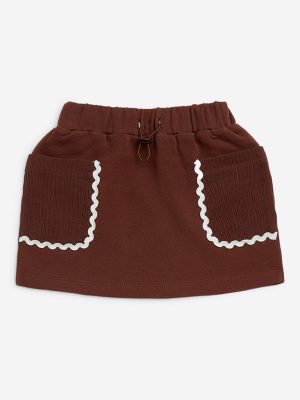 HOP Kids Dark Brown Solid High-Rise Cotton Skirt