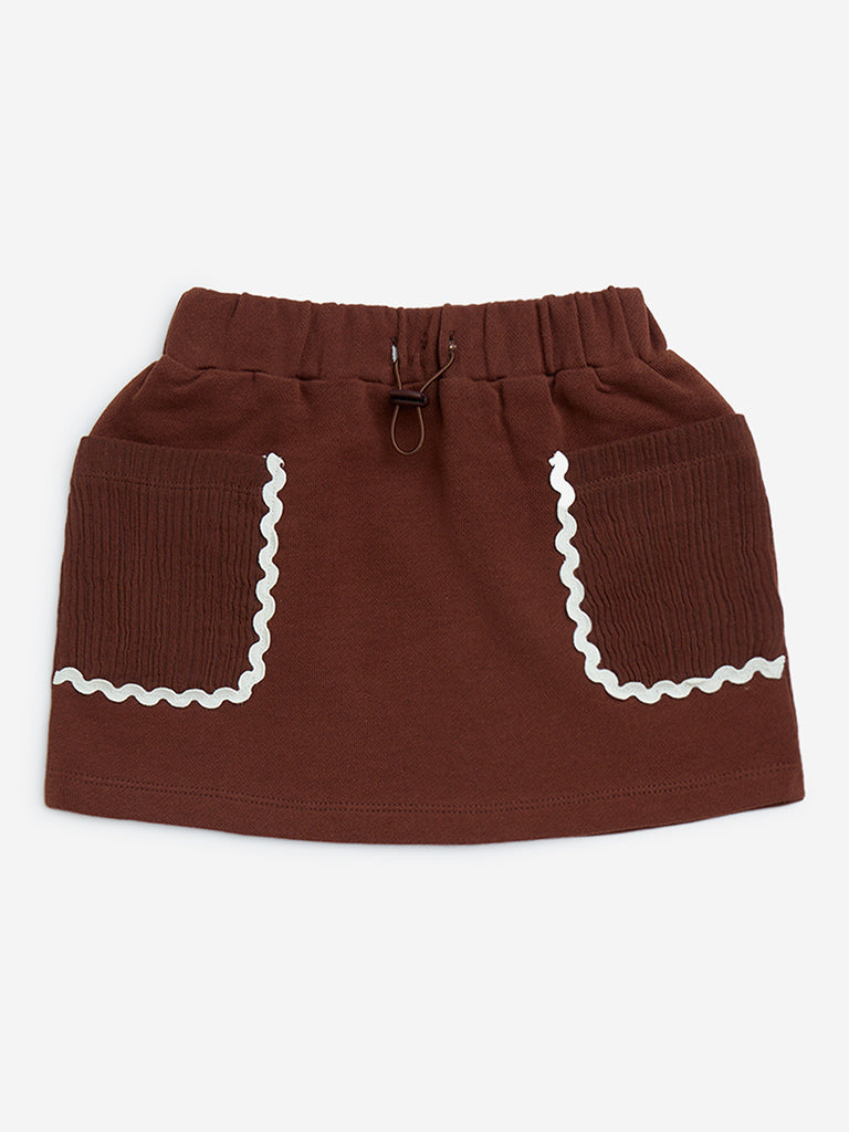 HOP Kids Dark Brown Solid High-Rise Cotton Skirt