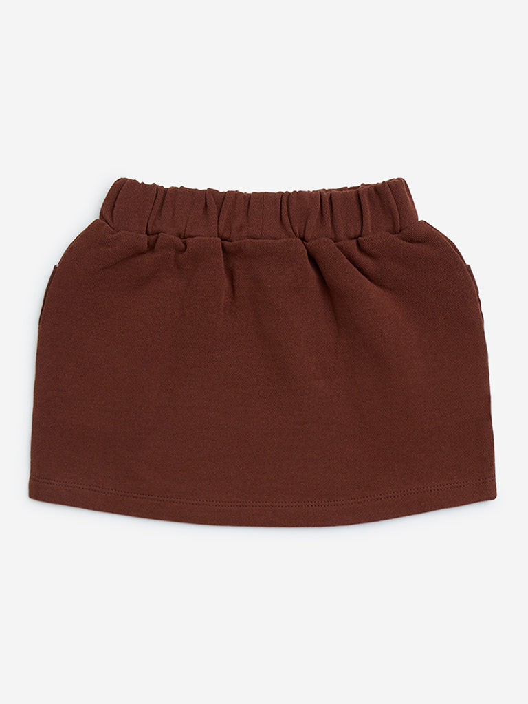 HOP Kids Dark Brown Solid High-Rise Cotton Skirt - Image 2