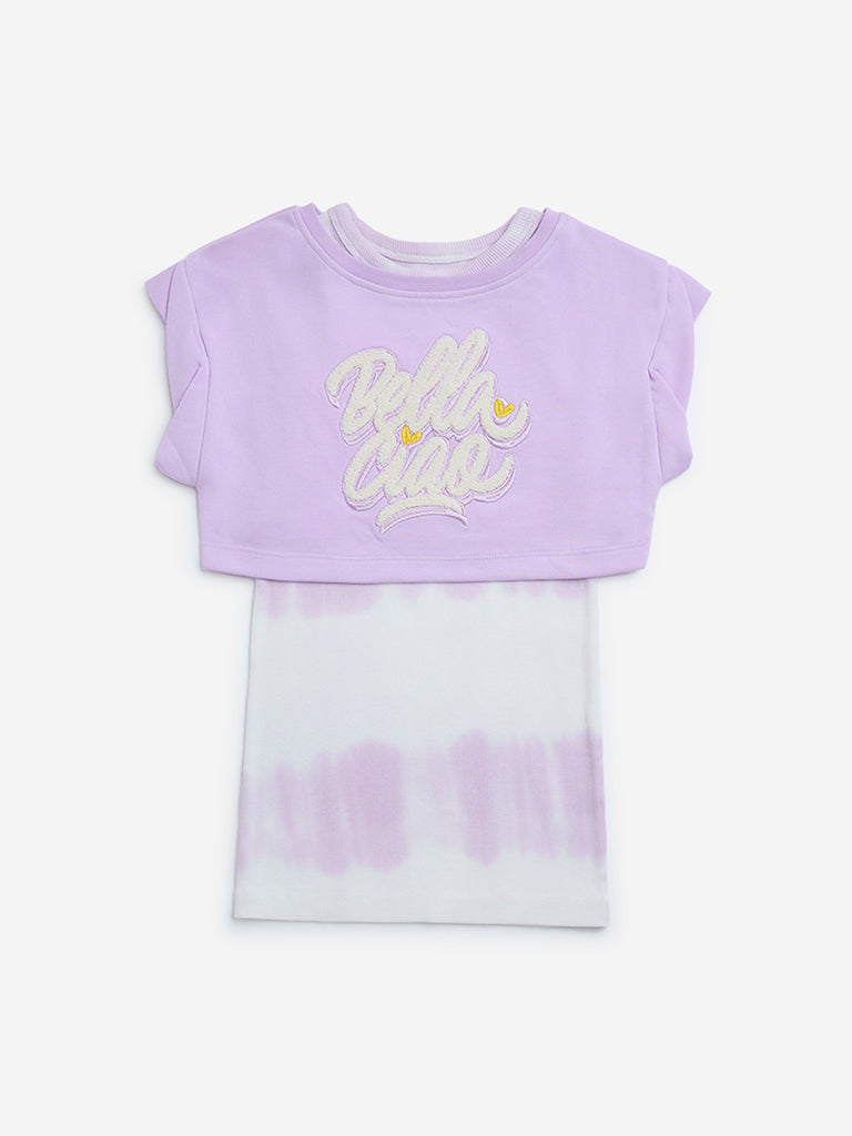 HOP Kids Lilac Tie-Dye Design Cotton-Blend Dress with T-Shirt Set