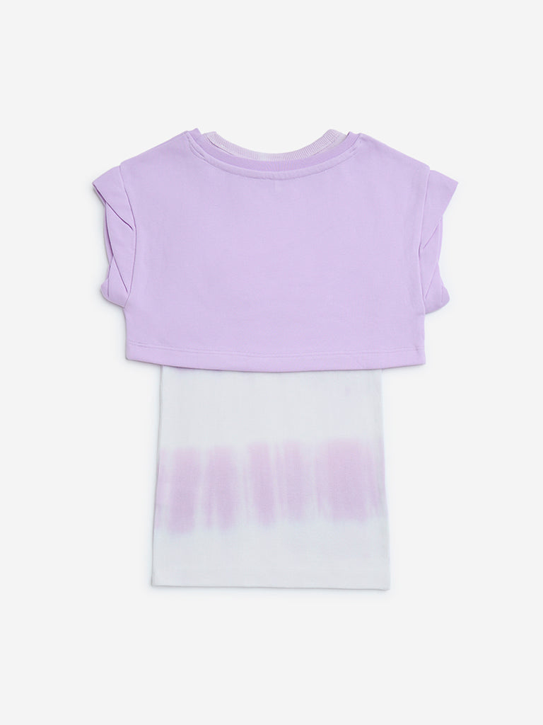 HOP Kids Lilac Tie-Dye Design Cotton-Blend Dress with T-Shirt Set - Image 3