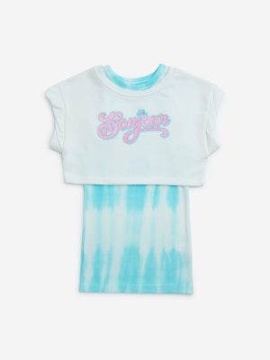 HOP Kids Blue Tie-Dye Design Cotton-Blend Dress with T-Shirt Set
