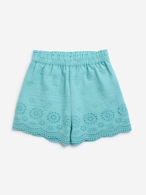 Utsa Kids Aqua Schiffli Detailed Cotton-Blend Shorts - (2-8yrs)