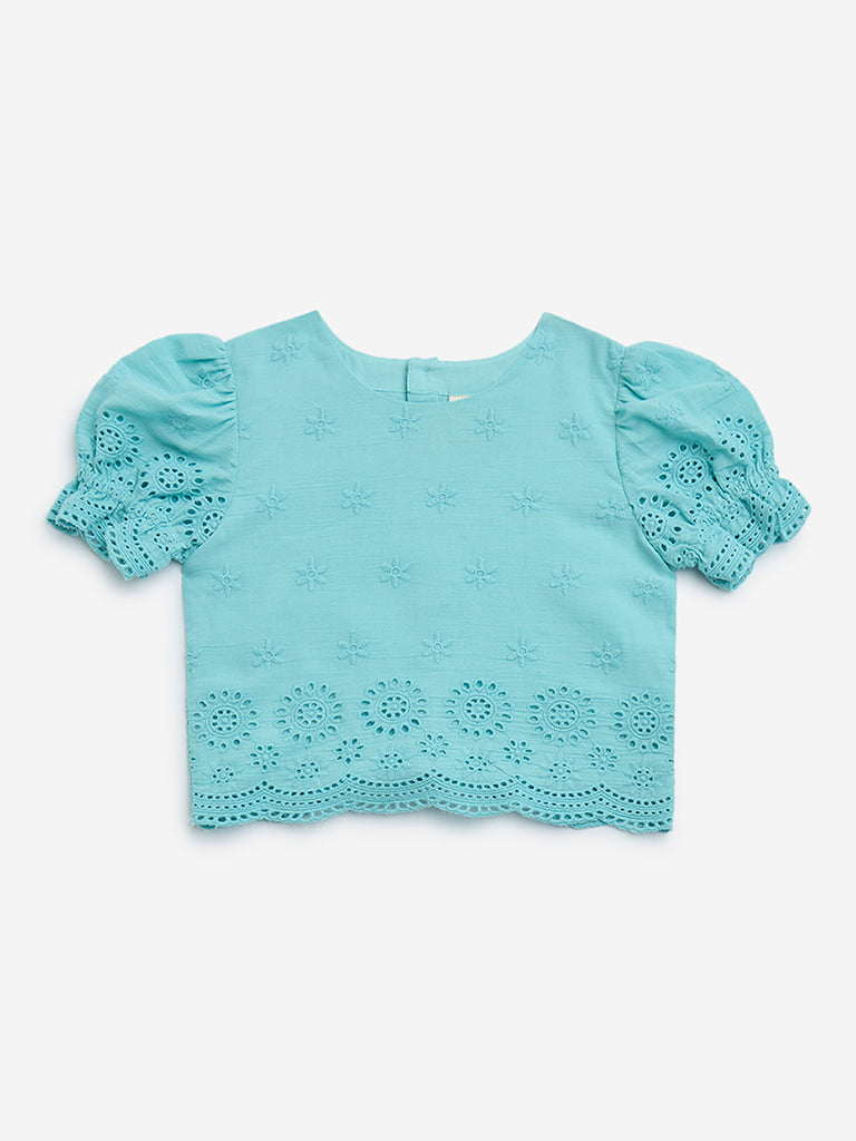 Utsa Kids Aqua Schiffli Design Cotton-Blend Ethnic Top - (2-8yrs)