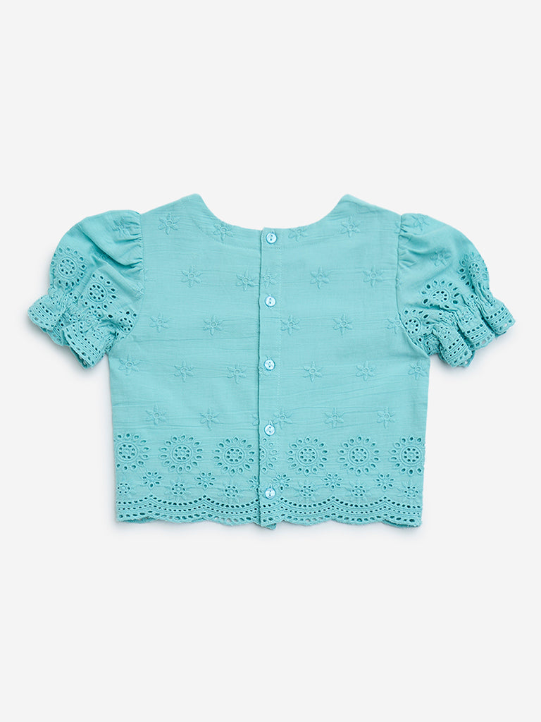 Utsa Kids Aqua Schiffli Design Cotton-Blend Ethnic Top - (2-8yrs) - Image 2