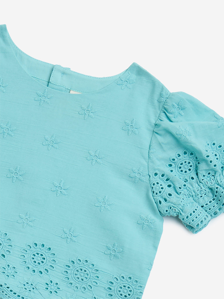 Utsa Kids Aqua Schiffli Design Cotton-Blend Ethnic Top - (2-8yrs) - Image 3