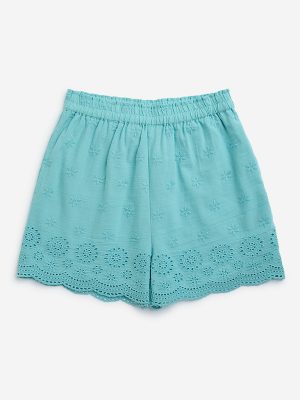 Utsa Kids Aqua Schiffli Detailed Cotton-Blend Shorts - (8-14yrs)