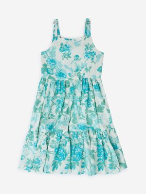 Utsa Kids Aqua Floral Pattern Cotton-Blend Tiered Dress - (8-14yrs)
