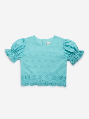 Utsa Kids Aqua Schiffli Design Cotton-Blend Ethnic Top - (8-14yrs)