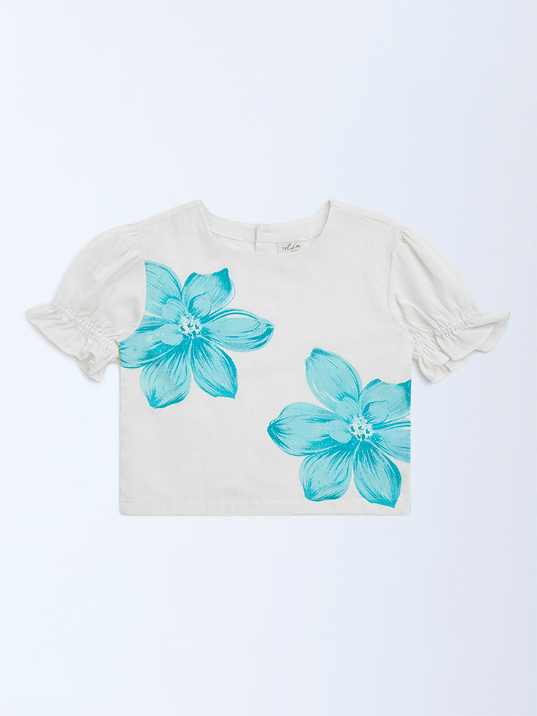 Utsa Kids Aqua Floral Detailed Cotton-Blend Ethnic Top - (8-14yrs)