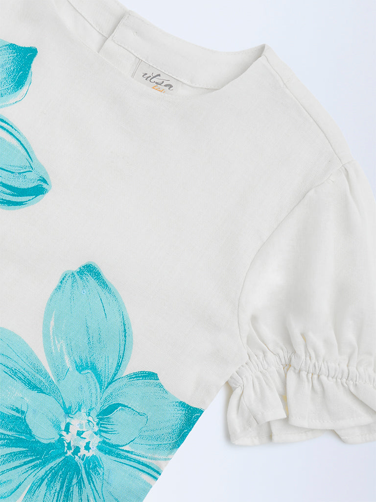 Utsa Kids Aqua Floral Detailed Cotton-Blend Ethnic Top - (8-14yrs) - Image 3