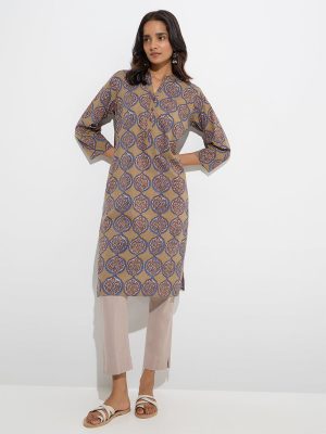 Utsa Mustard Printed Cotton Straight Kurta