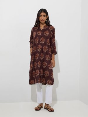 Utsa Brown Floral Design Straight Cotton Kurta