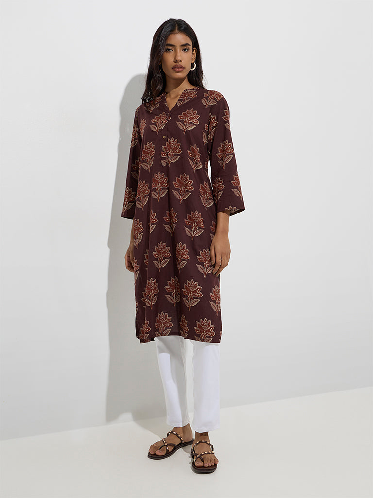 Utsa Brown Floral Design Straight Cotton Kurta - Image 2