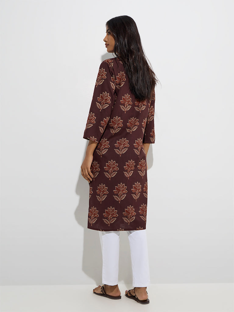 Utsa Brown Floral Design Straight Cotton Kurta - Image 4