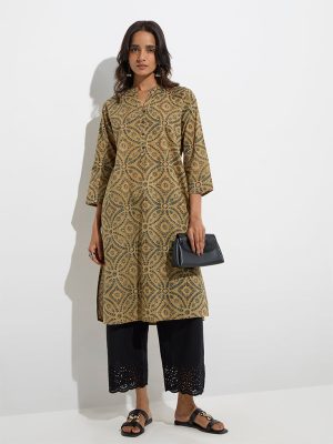 Utsa Mustard Magnolia Printed Cotton Straight Kurta