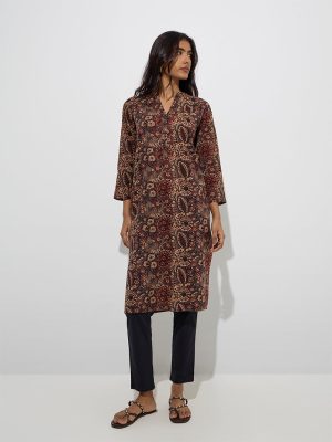 Utsa Taupe Botanical Design Straight Kurta