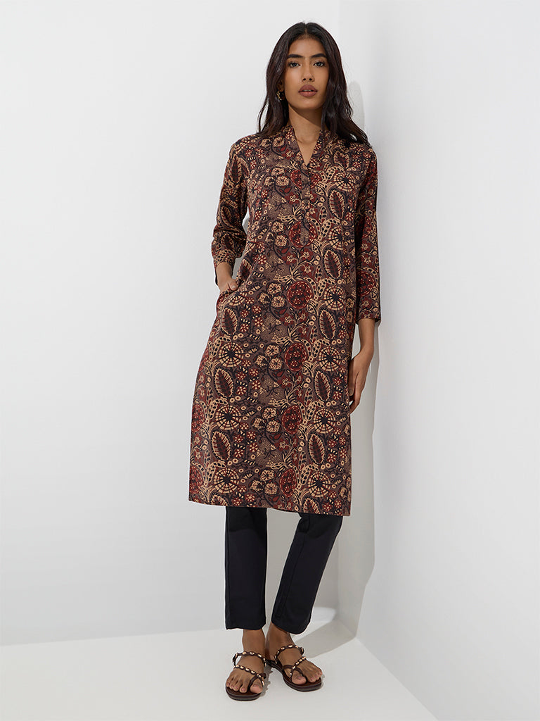 Utsa Taupe Botanical Design Straight Kurta - Image 2