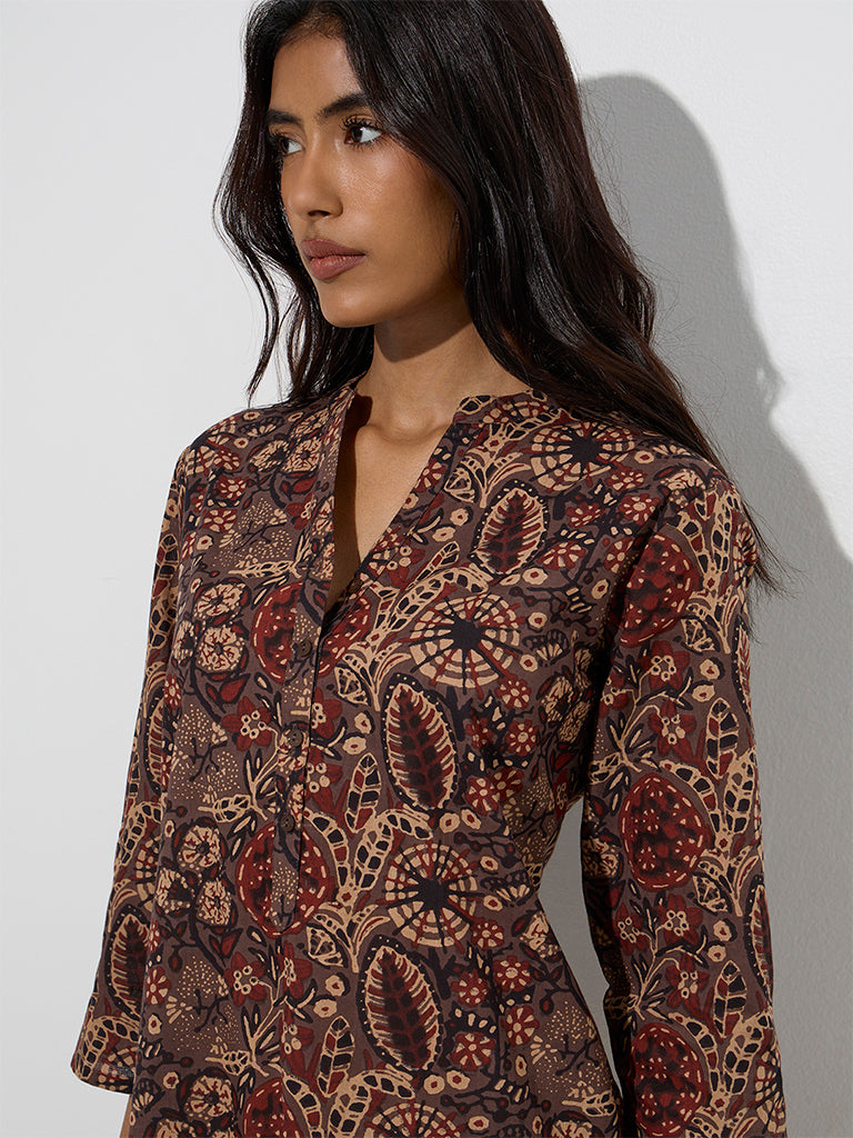 Utsa Taupe Botanical Design Straight Kurta - Image 3