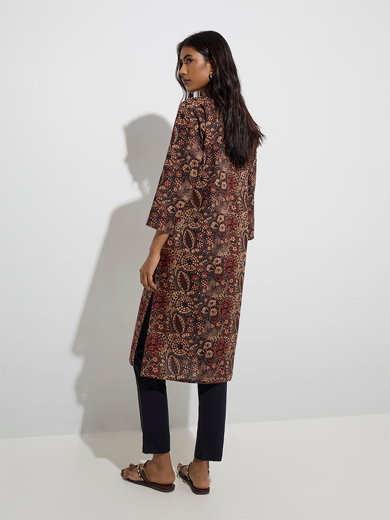 Utsa Taupe Botanical Design Straight Kurta - Image 4
