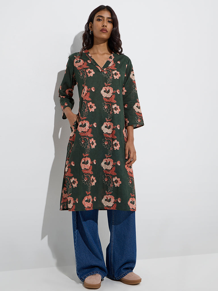 Utsa Dark Green Foliage Printed Straight Cotton Kurta