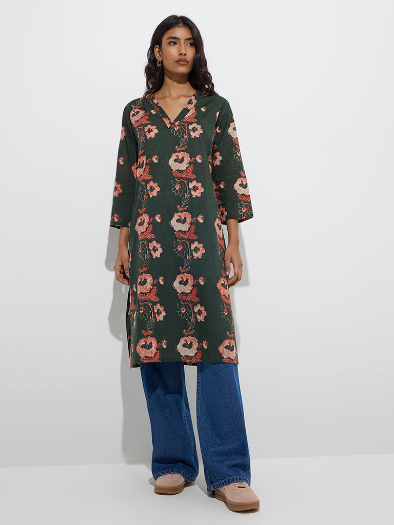 Utsa Dark Green Foliage Printed Straight Cotton Kurta - Image 2