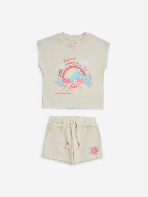 HOP Kids Beige Embellished Cotton T-Shirt with Shorts Set