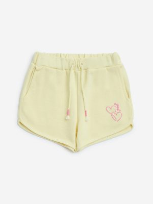 HOP Kids Yellow Heart Printed Mid-Rise Cotton Shorts