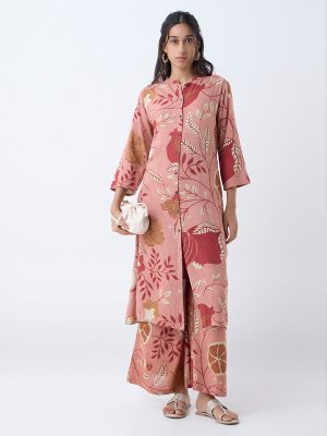 Utsa Red Botanical Design A-Line Kurta