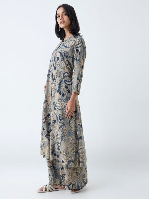 Utsa Beige Botanical Design A-Line Kurta