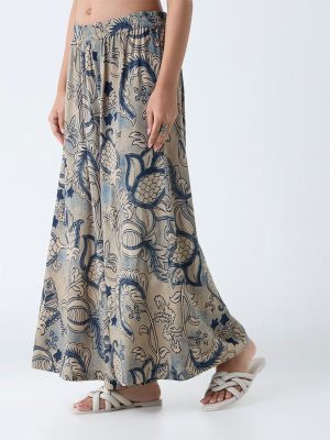 Utsa Beige Botanical Printed Palazzos