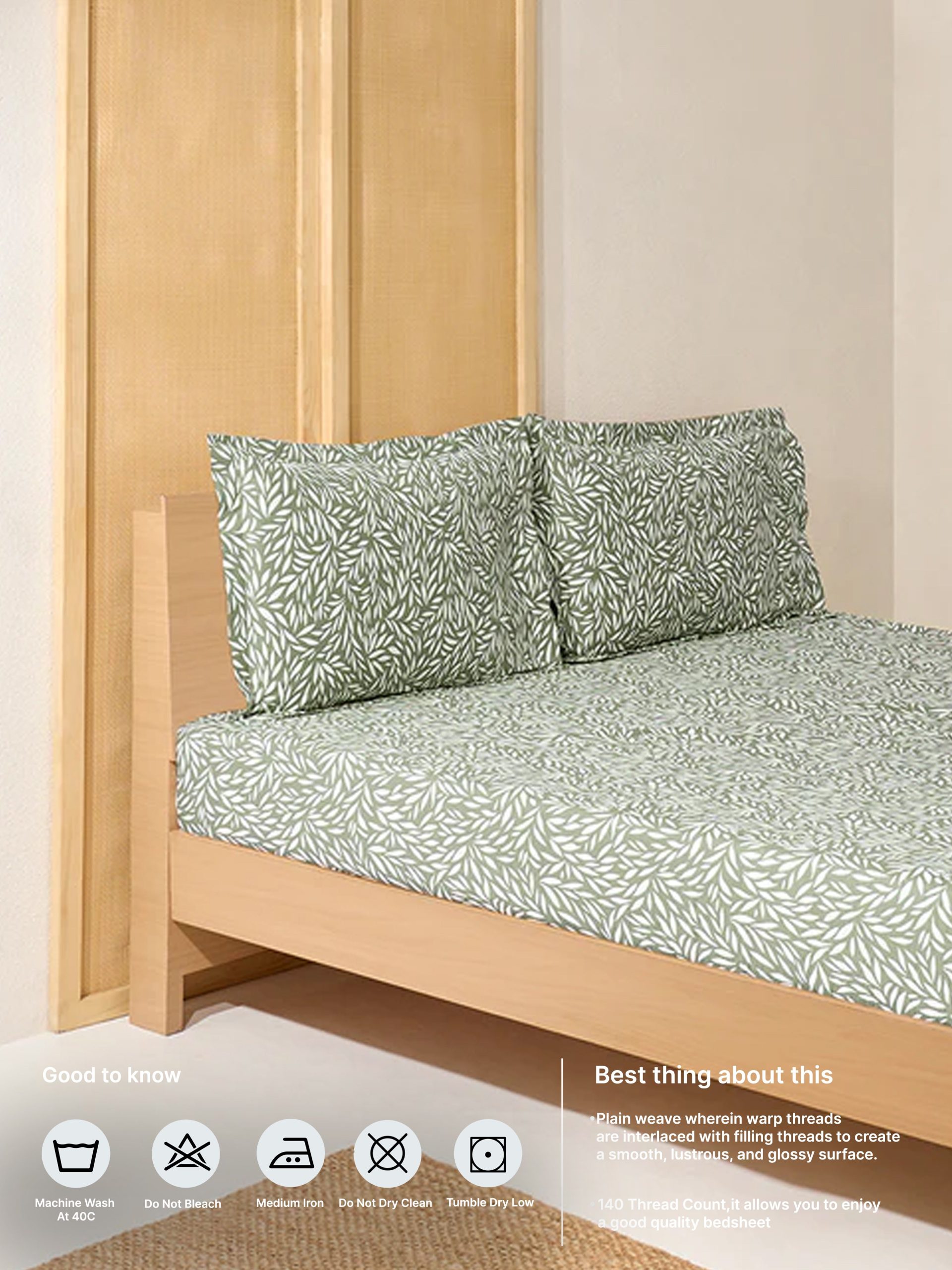 Westside Home Sage Leaf Pattern Queen Bed Sheet Set - Image 5