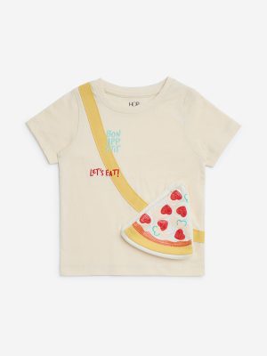HOP Kids Beige Sequin Embellished Cotton T-Shirt