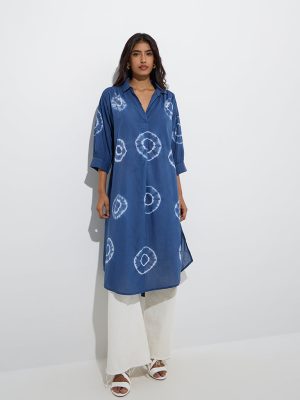 Utsa Blue Tie-Dye Design A-Line Cotton Kurta