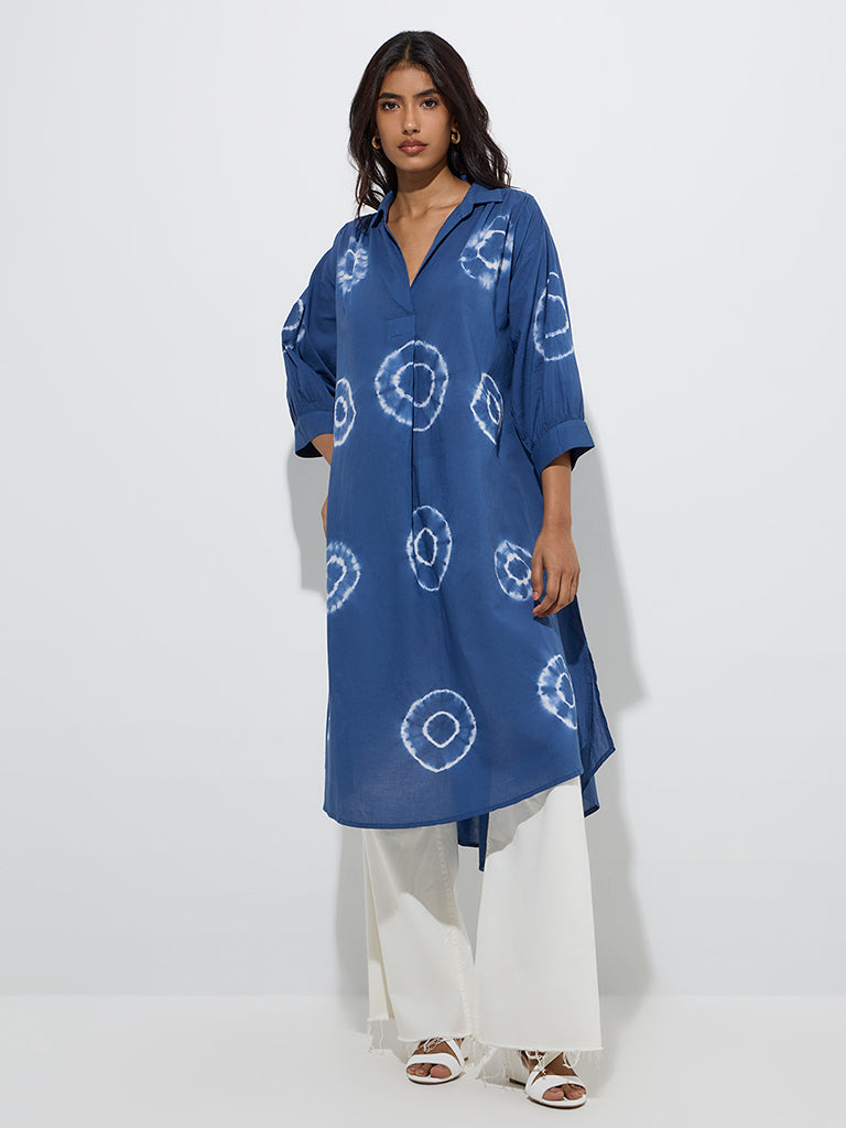 Utsa Blue Tie-Dye Design A-Line Cotton Kurta - Image 2