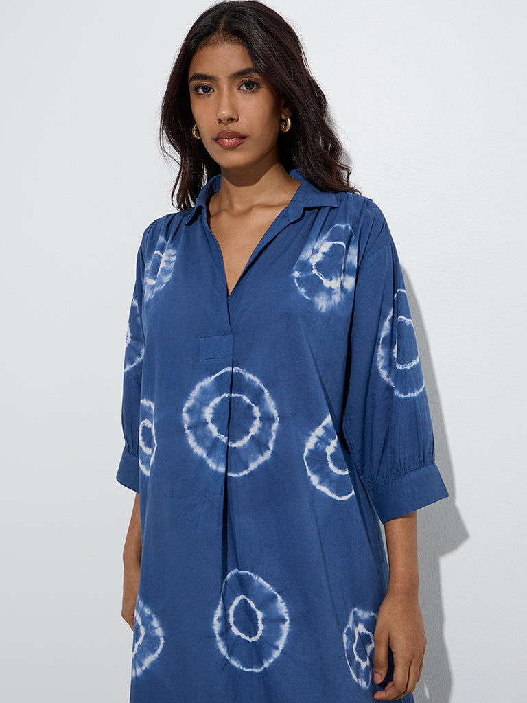 Utsa Blue Tie-Dye Design A-Line Cotton Kurta - Image 3