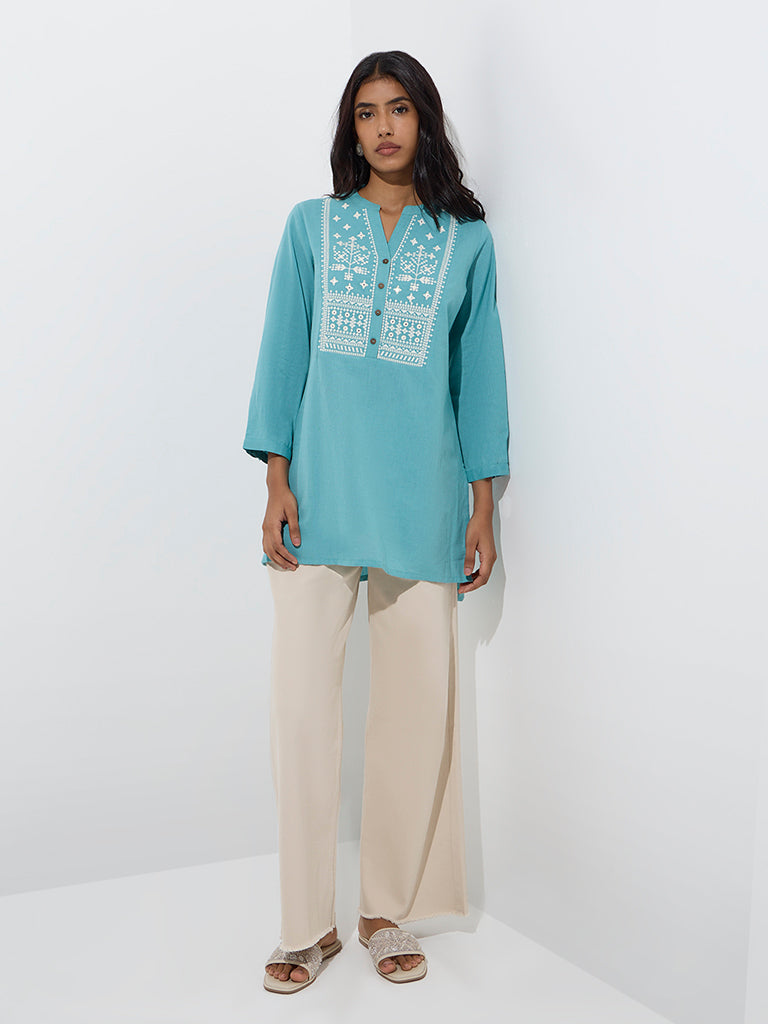 Utsa Aqua Embroidered Cotton-Blend Tunic